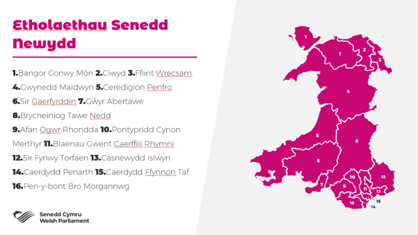 Etholaethau Senedd Newydd: 1.Bangor Conwy Môn 2.Clwyd 3.Fflint Wrecsam 4.Gwynedd Maldwyn 5.Ceredigion Penfro 6.Sir Gaerfyrddin 7.Gŵyr Abertawe 8.Brycheiniog Tawe Nedd 9.Afan Ogwr Rhondda 10.Pontypridd Cynon Merthyr 11.Blaenau Gwent Caerffili Rhymni 12.Sir Fynwy Torfaen 13.Casnewydd Islwyn 14.Caerdydd Penarth 15.Caerdydd Ffynnon Taf 16.Pen-y-bont Bro Morgannwg