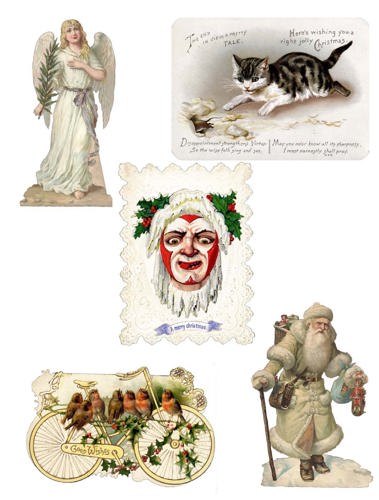 Sampl o rai o'r cardiau Nadolig Fictoraidd gan gynnwys; angel, cath yn erlid llygoden, 'Jack Frost', robin goch ar gefn beic, a Siôn Corn traddodiadol mewn gwyn.