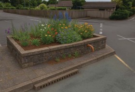 Image of a bioretention planter is a planted area that collects rainwater, lets