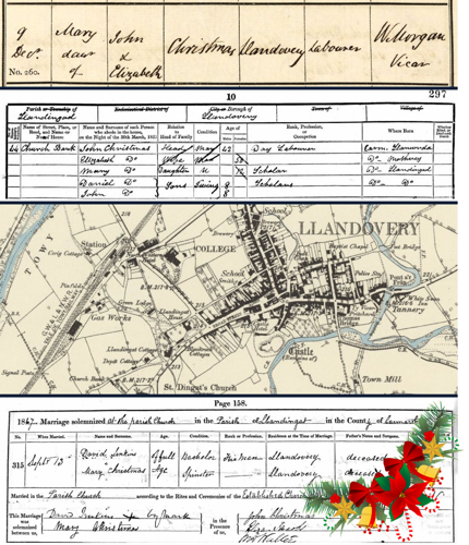 Mae'r llun yn dangos bedydd Mary Christmas yn 1838; y teulu Christmas yn byw yn Church Bank, Llanymddyfri yn 1851; map o Lanymddyfri yn 1886; a phriodas Mary Christmas a David Jenkins yn 1867.
