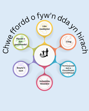 Chwe ffordd o fyw'n dda yn hirach. Les meddyliol. Cwsg. Perthnasoedd iach a chysylltiadau cymdeithasol. Sylweddau niweidiol. Bwyta'n iach. Ffyrdd o fyw gweithredol.