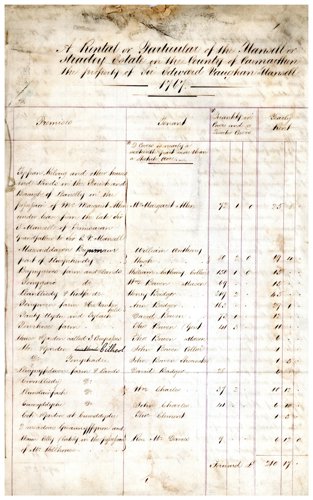 Delwedd o bapur oedrannus gyda'r teitl “Rhent neu Bennod Benodol o ystâd Mansell neu Stradey…” gyda thabl cynnwys yn cynnwys; Eiddo, Tenant, Gorchuddion, a Rhent Blynyddol.