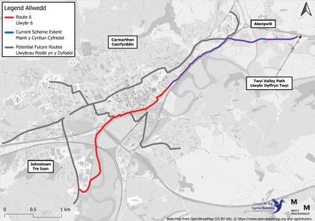 Map o adrannau dwyreiniol Llwybr 6