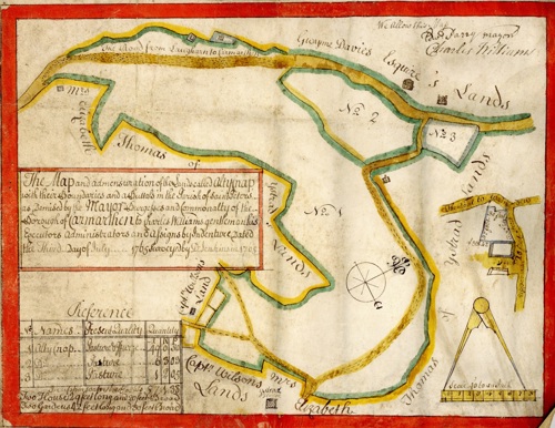 Map hen arddull gydag amlinelliadau gwyrdd a melyn yn nodi ardaloedd penodol.