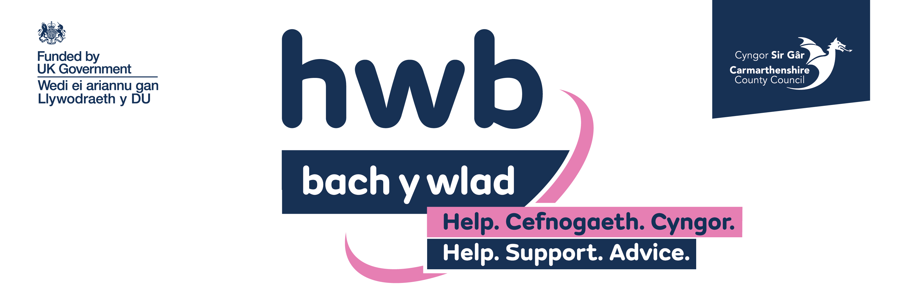 Hwb bach y wlad. Hel, Cefnogi, Cyngor - Wedi ei ariannu gan Llywodraeth y DU, Cyngor Sir Gar